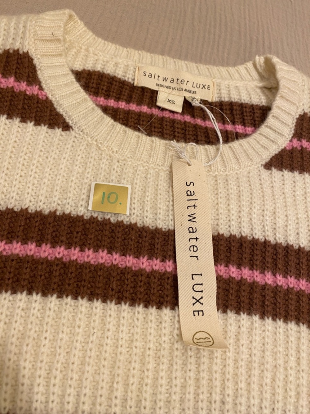 SALTWATER LUXE Cream Cropped Sweater with Brown and Pink Stripes. Size XS. New - Picture 7 of 7